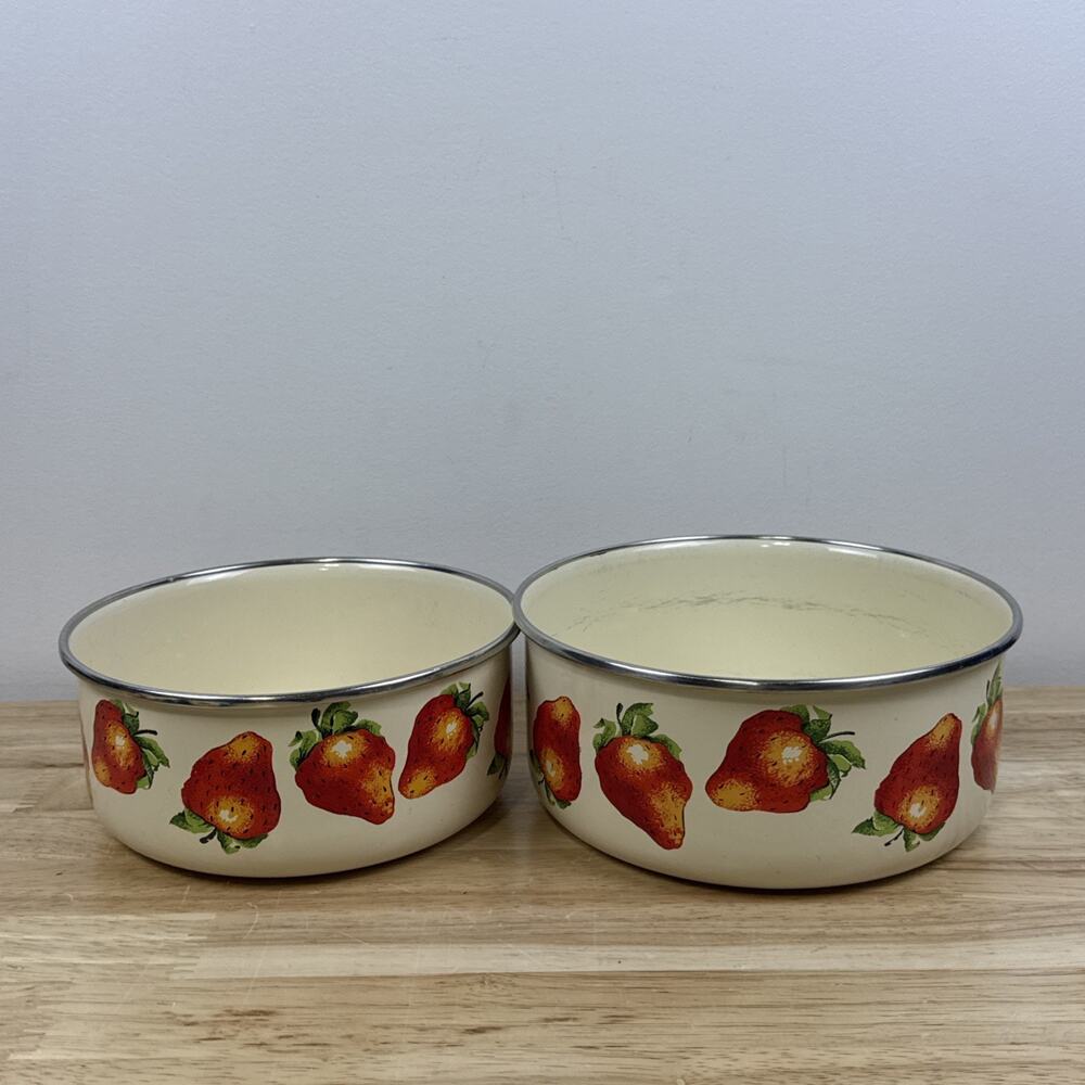 Vintage Kobe Bowls JCPenney Enamelware Strawberry Nesting Bowls Set of 2